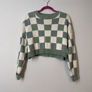 Sage Green White Checkered Knit Crop Sweater Womens Small Cozy Cottagecore